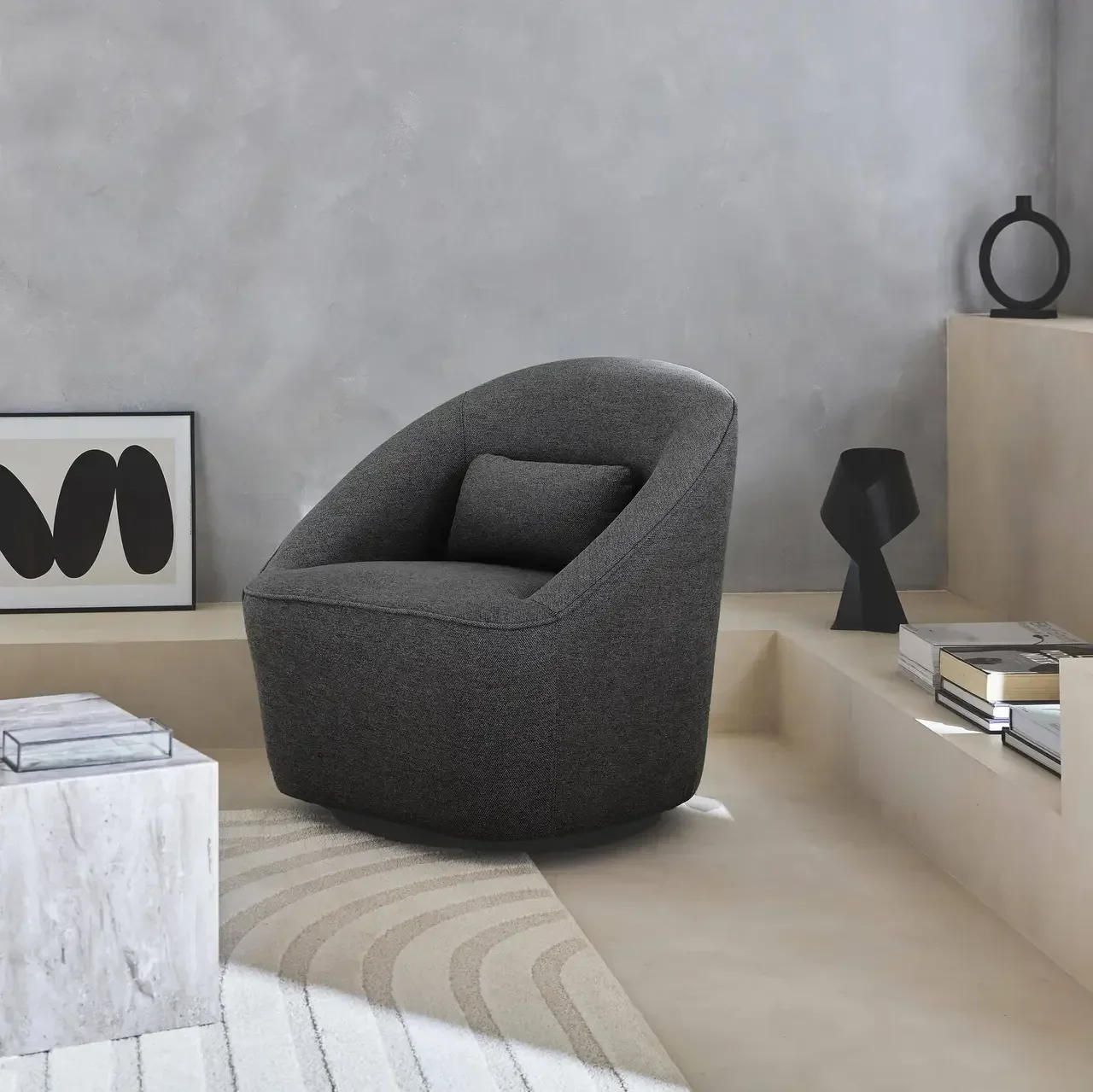 Fauteuil rotatif 360° tissu beige design cocooning Lana