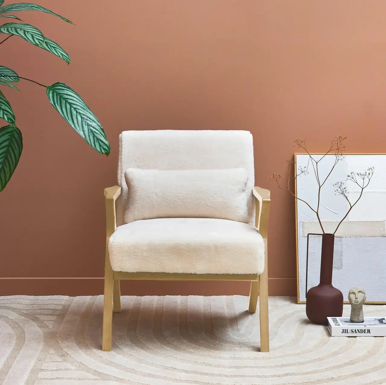 Fauteuil scandinave hévéa simili fourrure gris confort cocooning