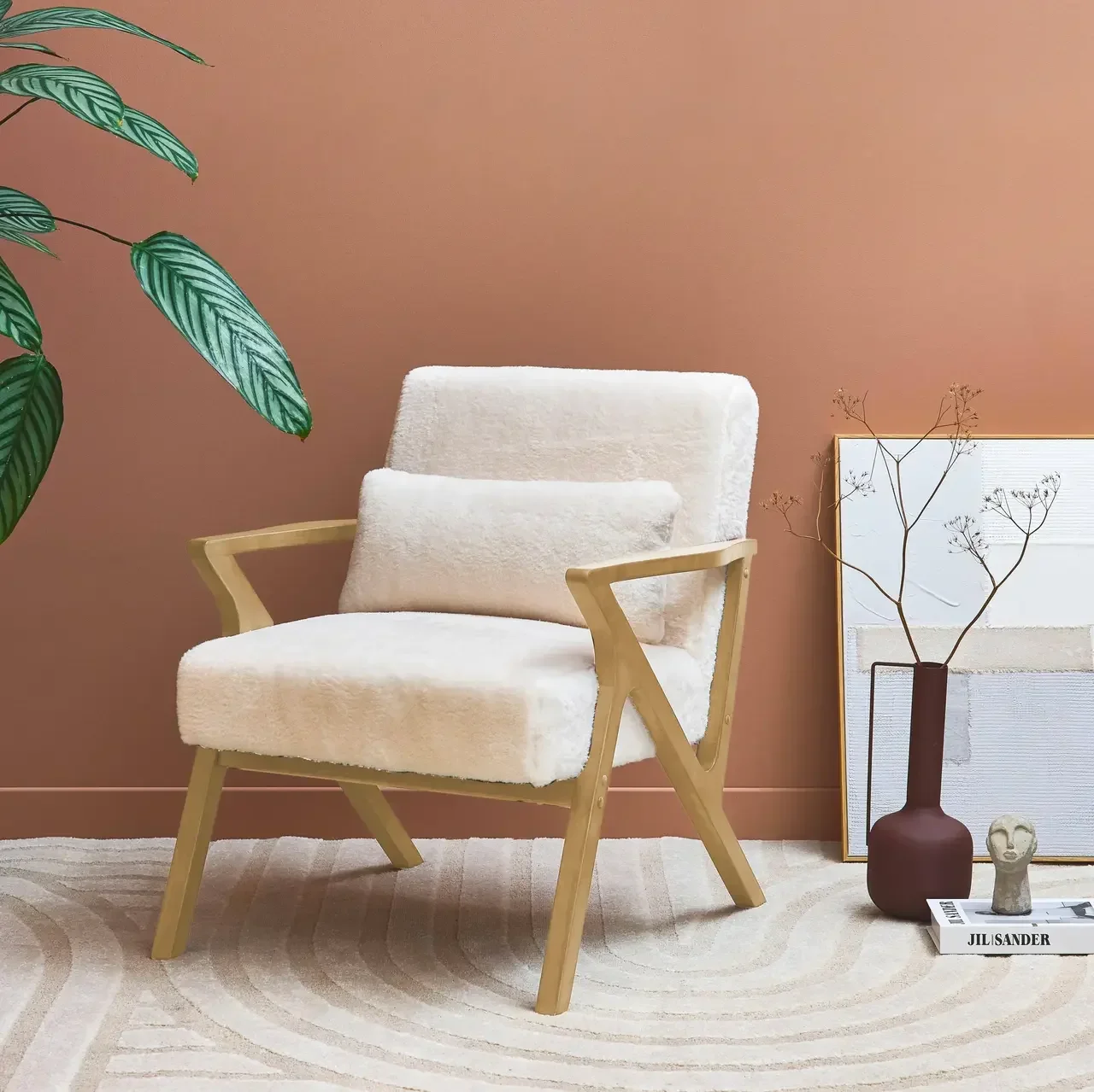 Fauteuil scandinave hévéa simili fourrure gris confort cocooning