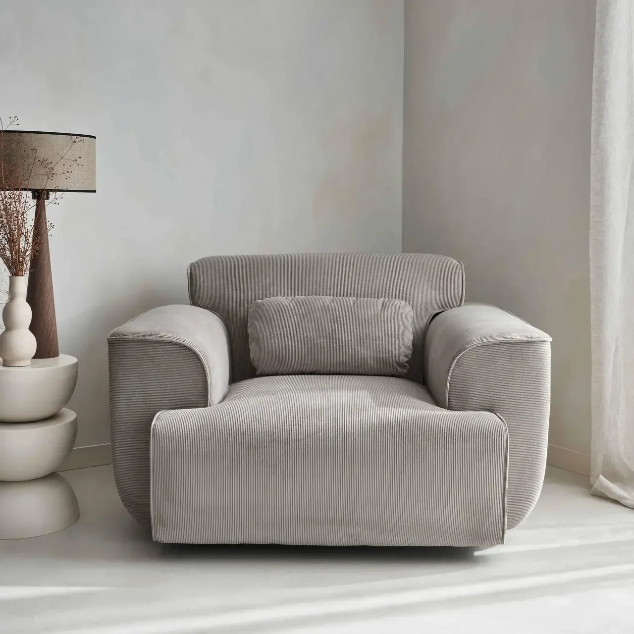 Fauteuil velours côtelé beige 1 place design contemporain Wallas
