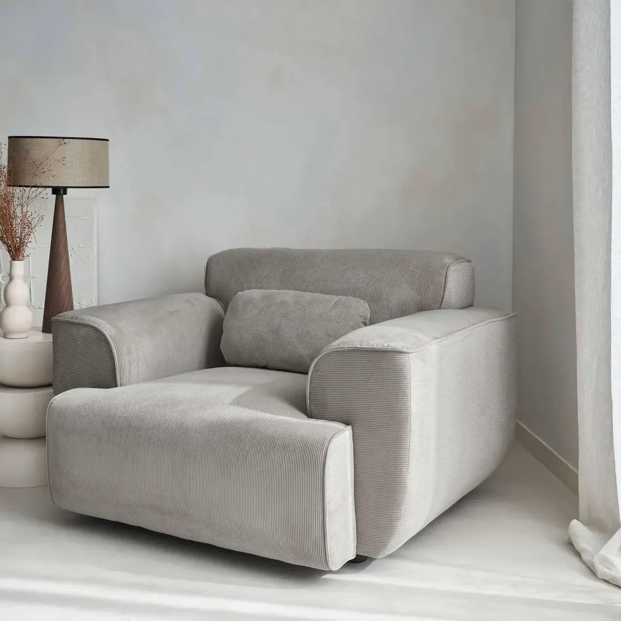 Fauteuil velours côtelé beige 1 place design contemporain Wallas
