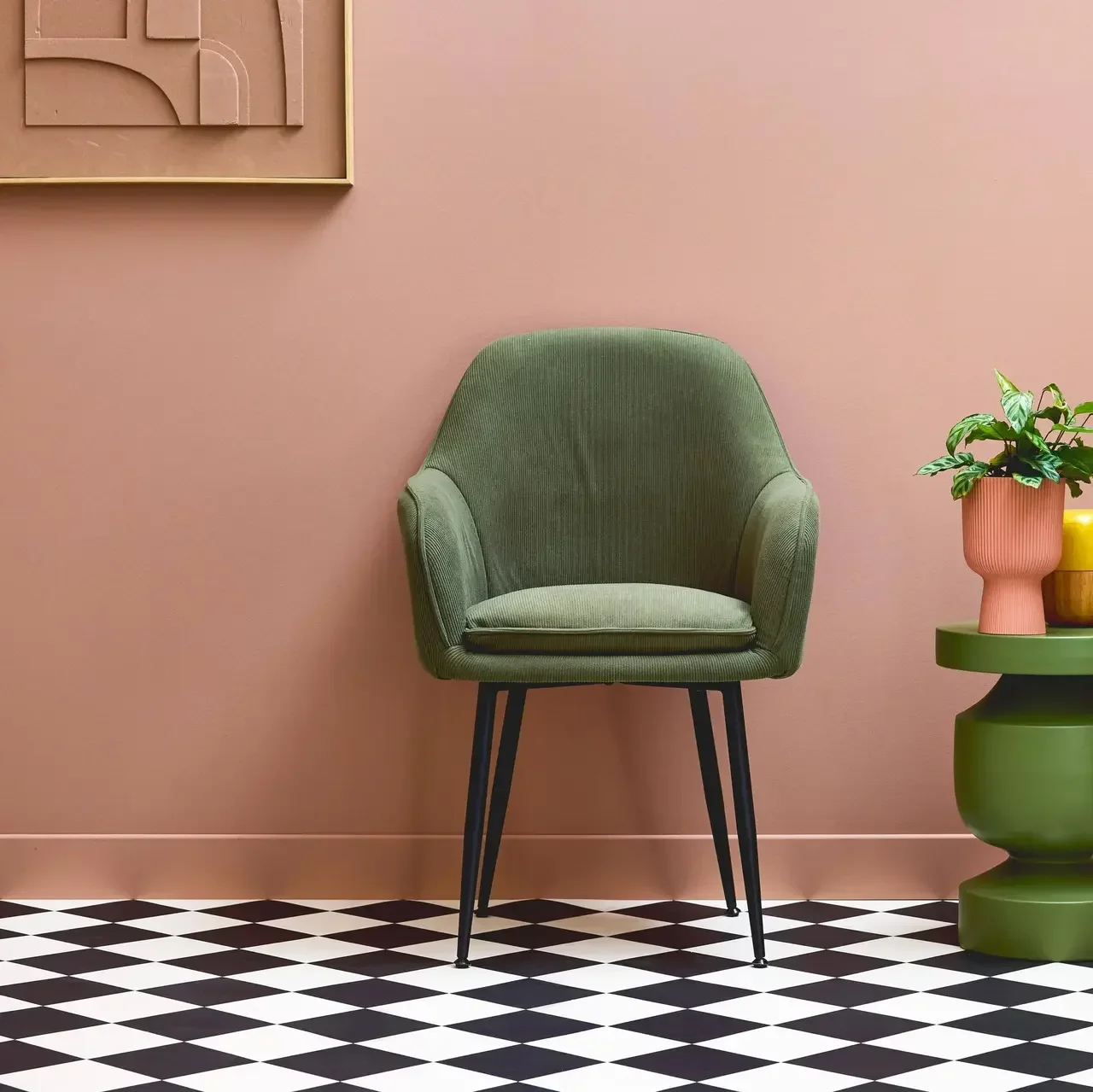 Fauteuil velours côtelé vintage Shella pieds métal noir
