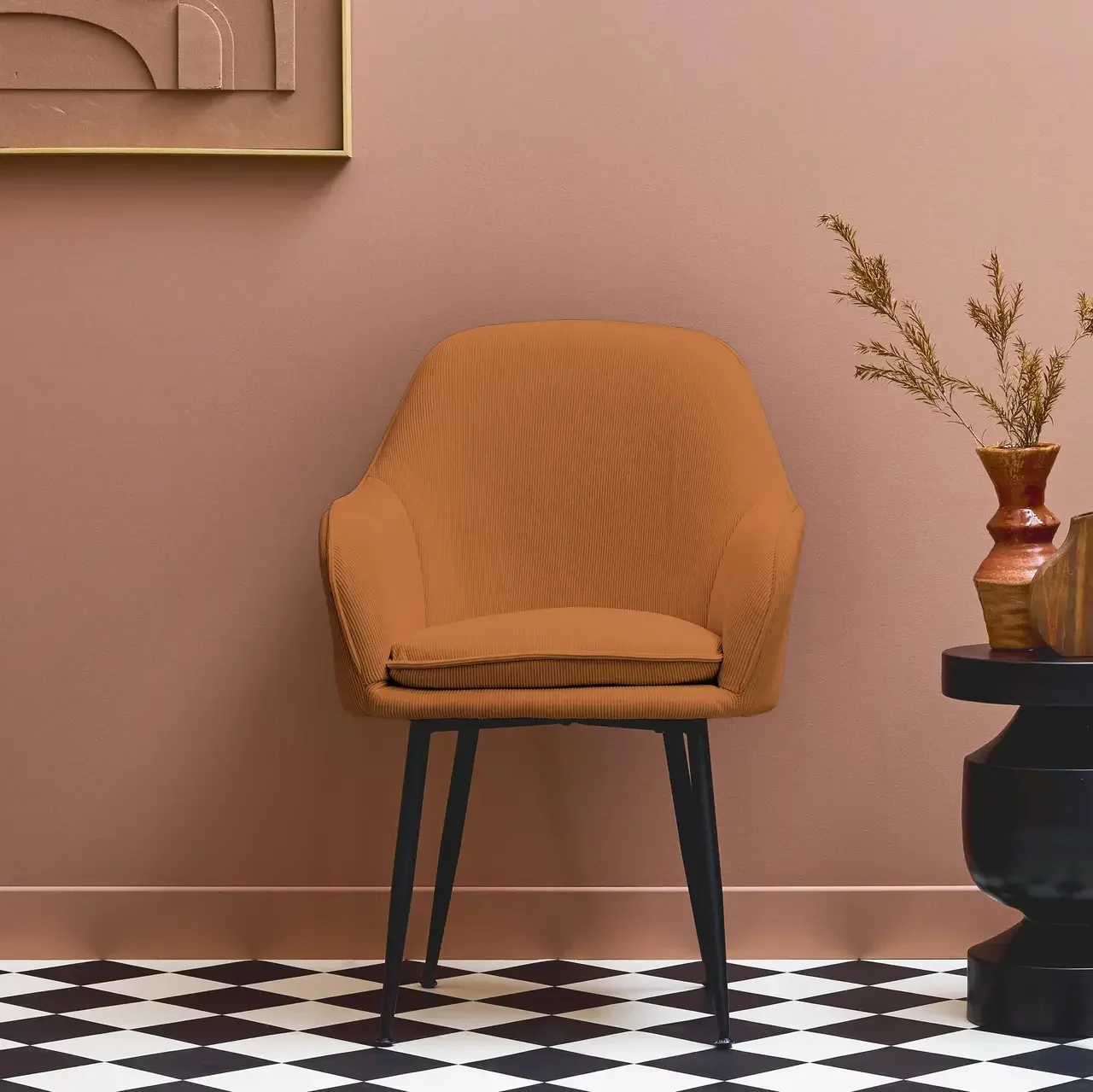 Fauteuil velours côtelé vintage Shella structure métallique noir mat