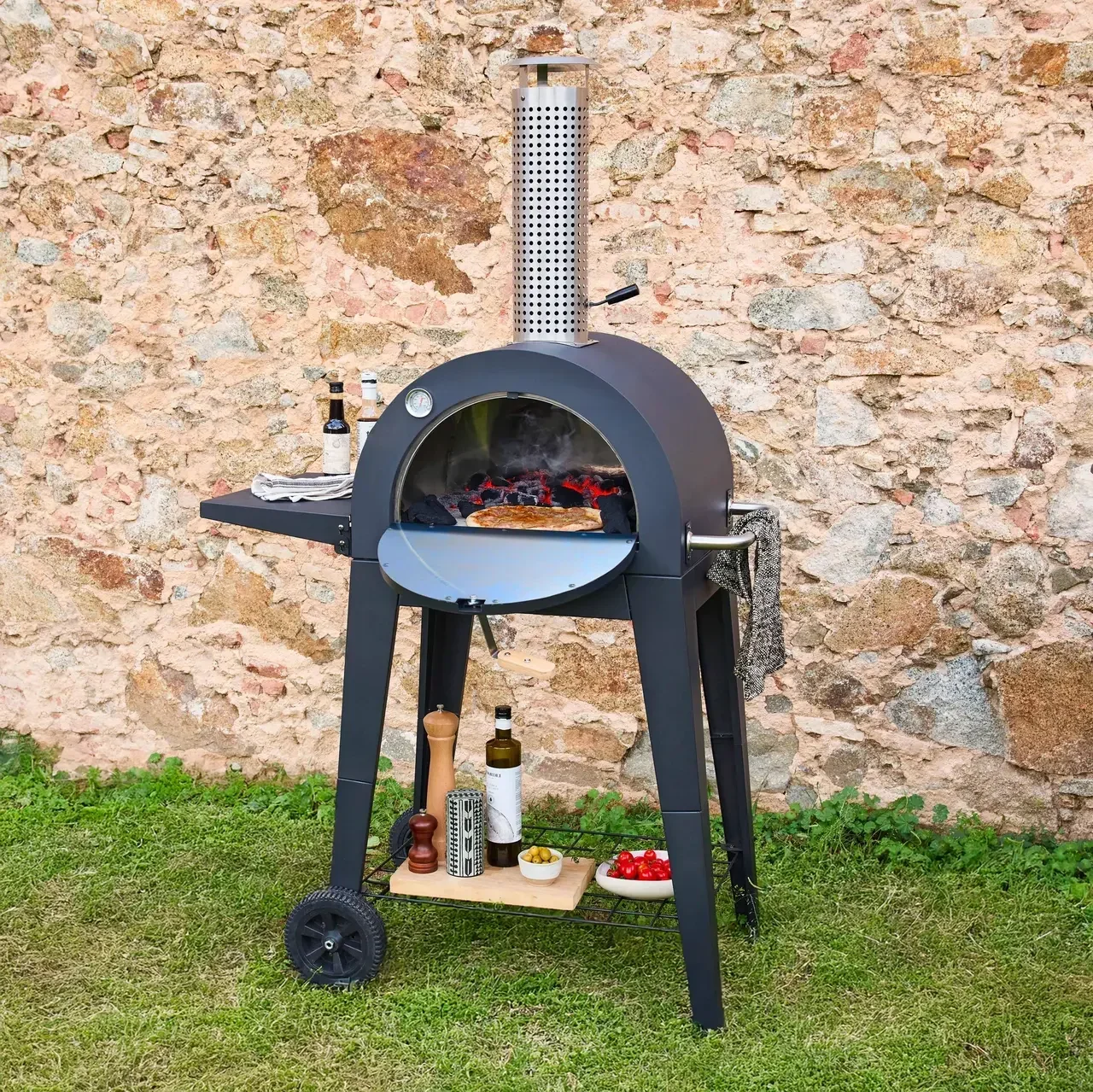Four à pizza extérieur charbon Giulia avec pierre réfractaire et cheminée
