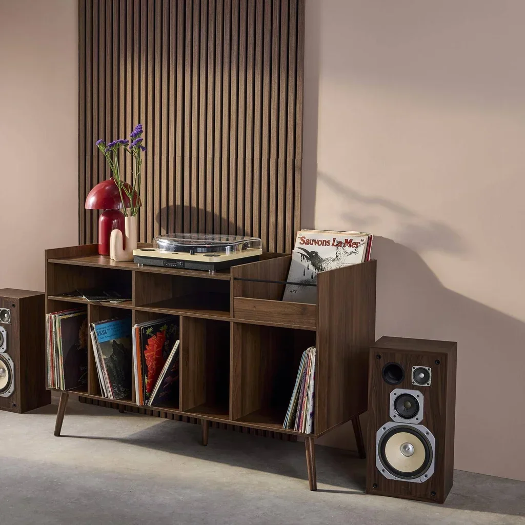 Meuble rangement vinyle rétro bois foncé 130 cm style vintage Népal