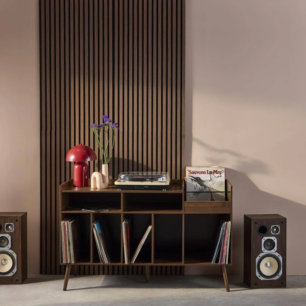Meuble rangement vinyle rétro bois foncé 130 cm style vintage Népal