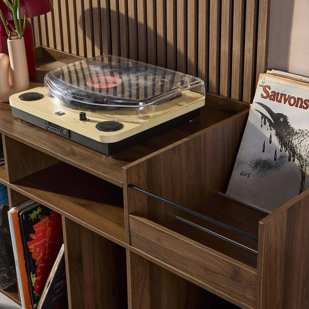 Meuble rangement vinyle rétro bois foncé 130 cm style vintage Népal