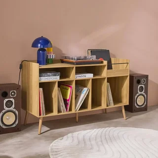 Meuble rangement vinyle rétro bois 130 cm style scandinave Dune