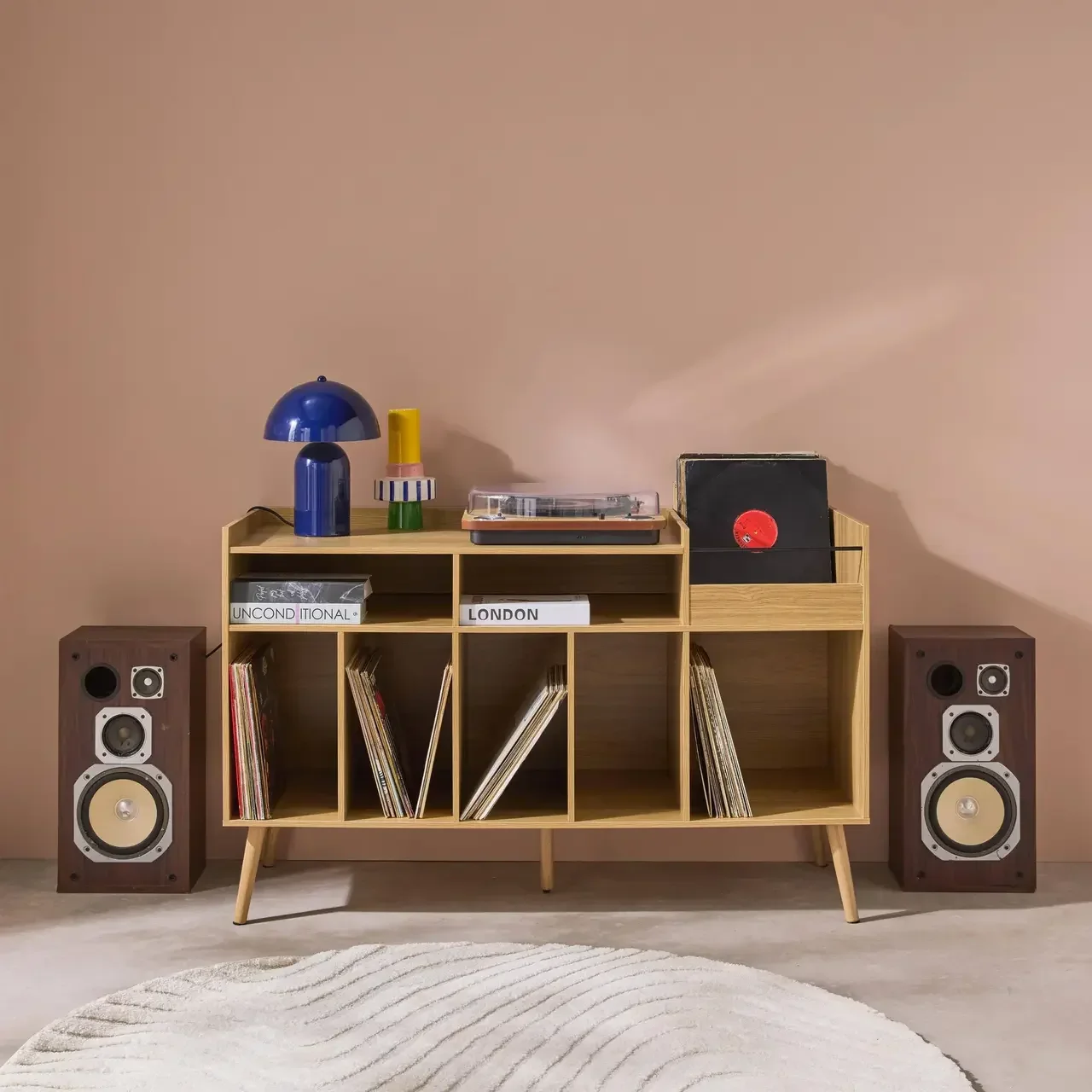 Meuble rangement vinyle rétro bois 130 cm style scandinave Dune