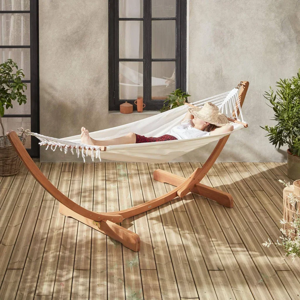 Hamac support bois eucalyptus toile coton terrasse jardin