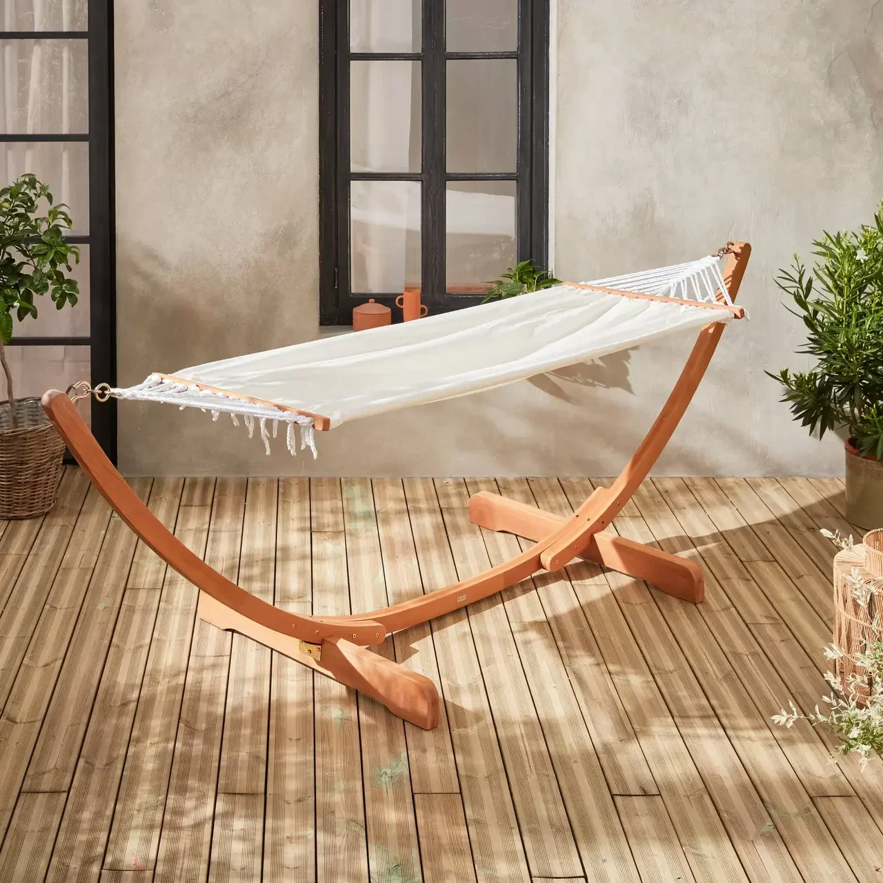 Hamac support bois eucalyptus toile coton terrasse jardin