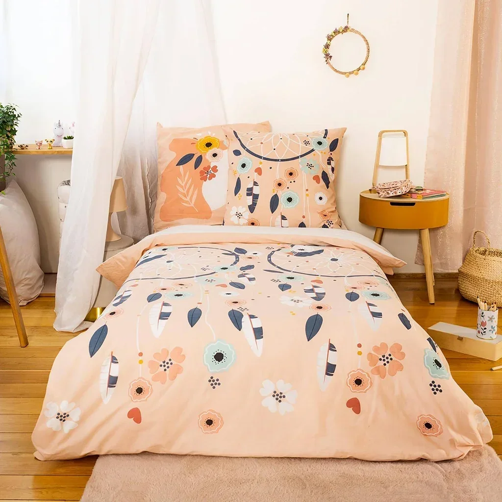 Housse couette enfant licornes attrape-rêves 140x200 coton rose réversible