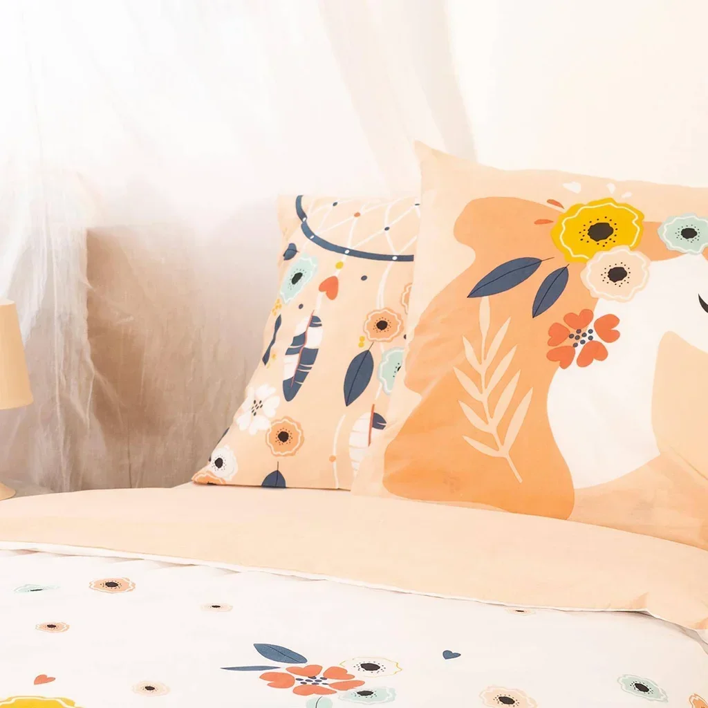 Housse couette enfant licornes attrape-rêves 140x200 coton rose réversible