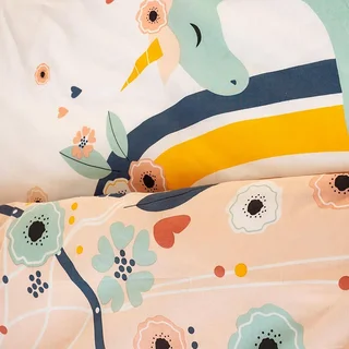 Housse couette enfant licornes attrape-rêves 140x200 coton rose réversible