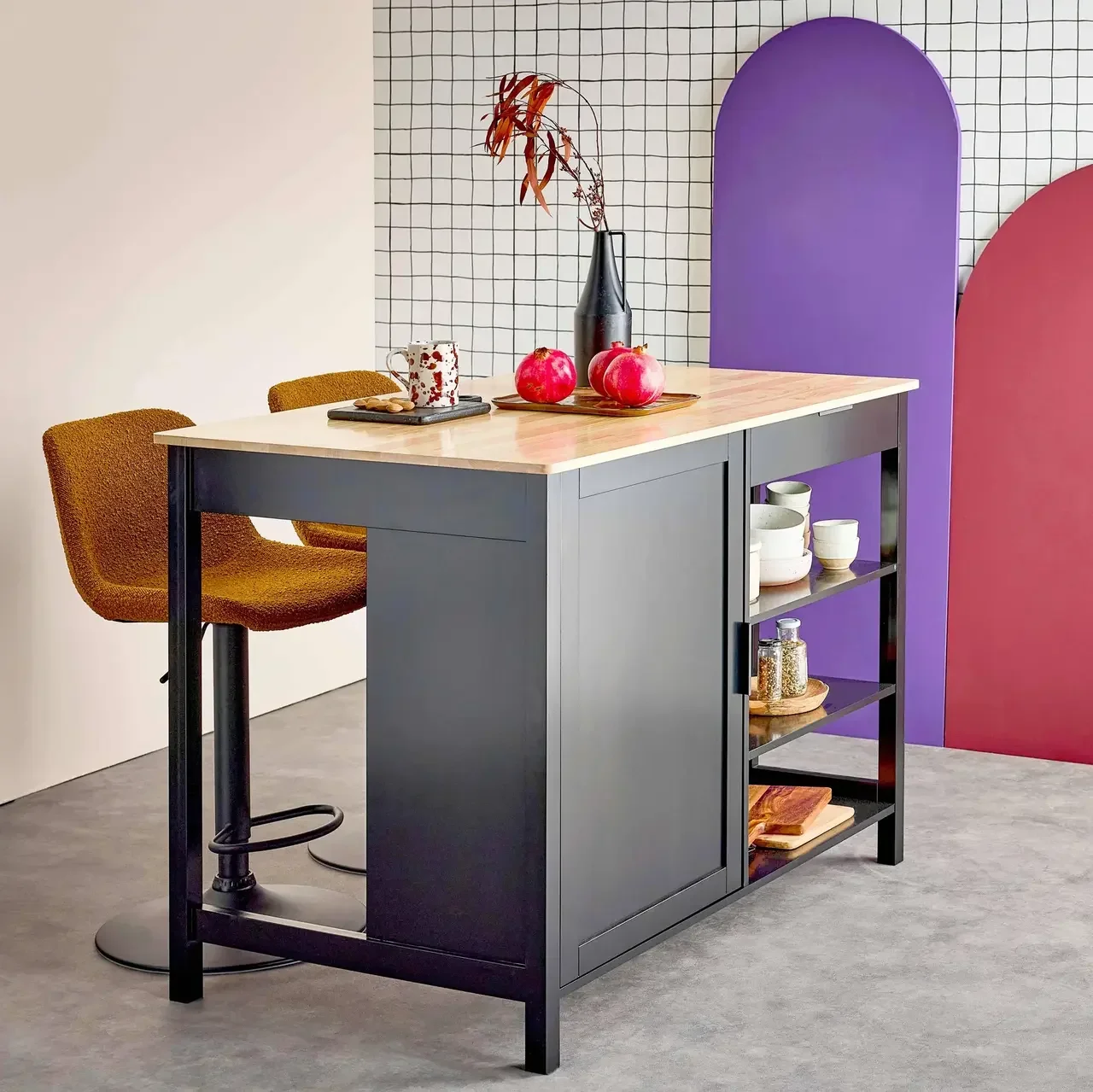 Îlot central cuisine bois hévéa L120cm rangements tabourets