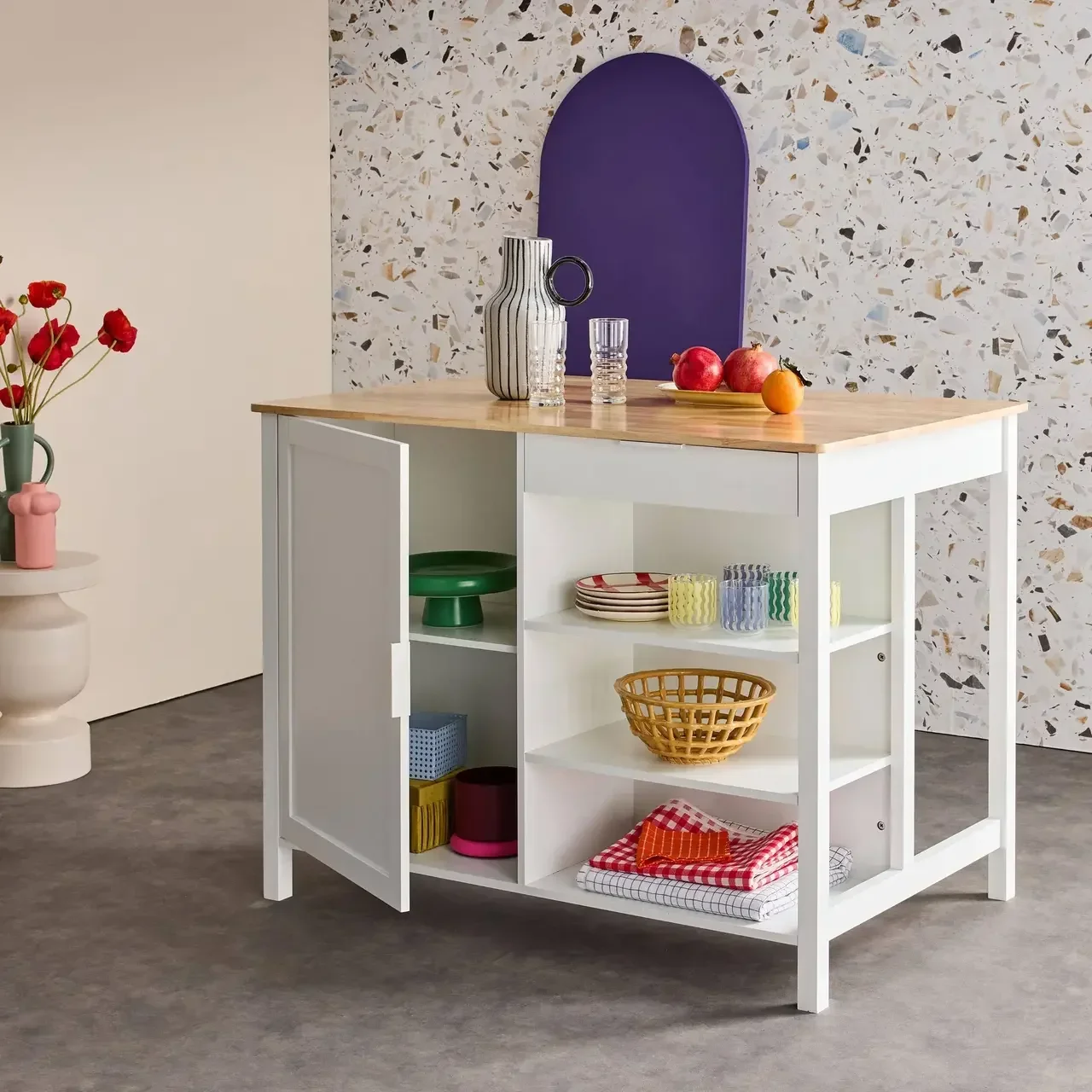 Îlot central cuisine bois hévéa L120cm avec rangements et espace repas