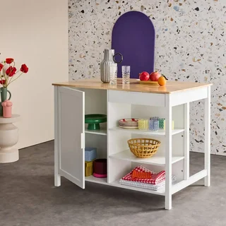 Îlot central cuisine bois hévéa L120cm avec rangements et espace repas