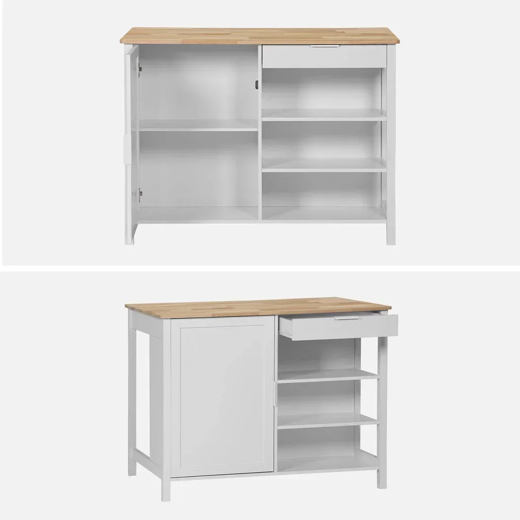 Îlot central cuisine bois hévéa L120cm avec rangements et espace repas