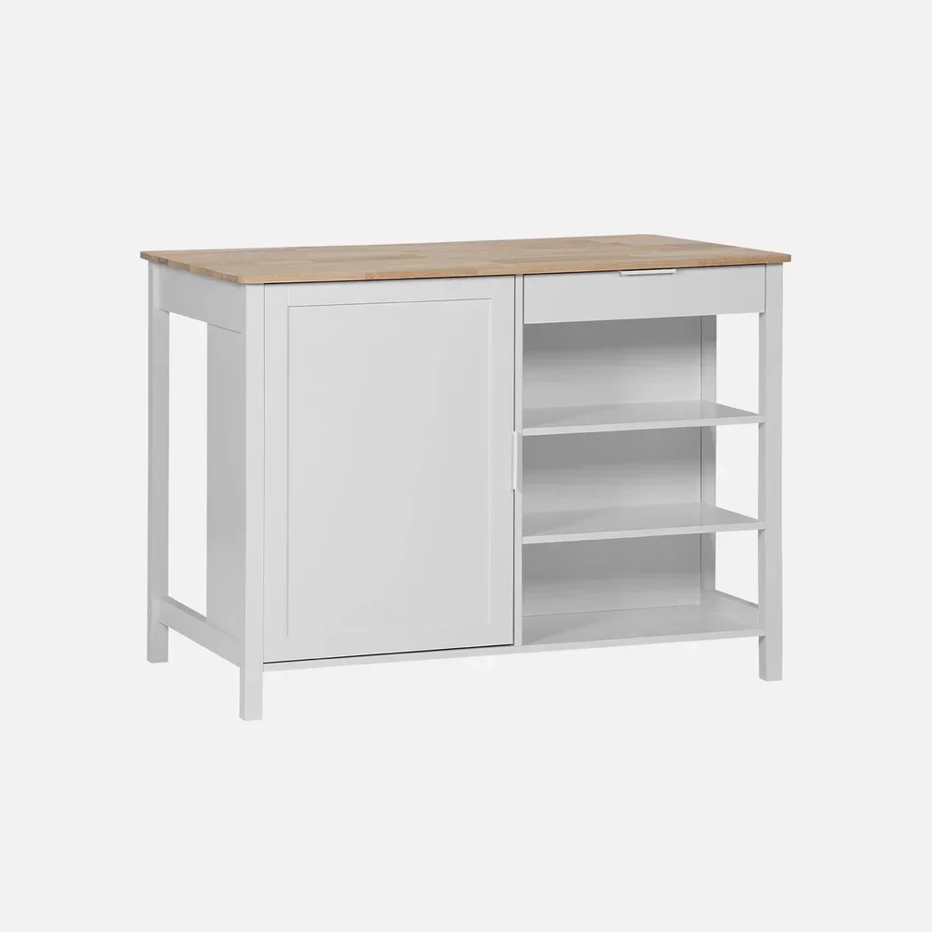 Îlot central cuisine bois hévéa L120cm avec rangements et espace repas