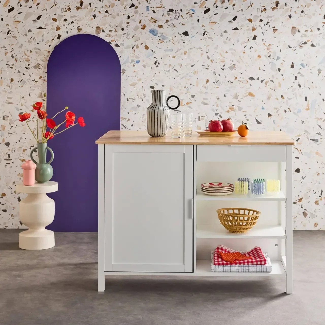 Îlot central cuisine bois hévéa L120cm avec rangements et espace repas
