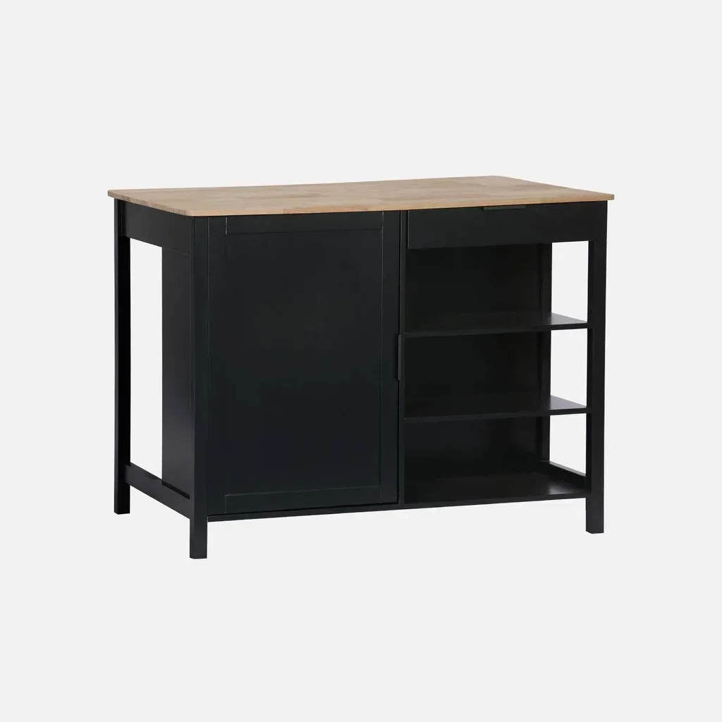 Îlot central cuisine bois hévéa L120cm rangements tabourets