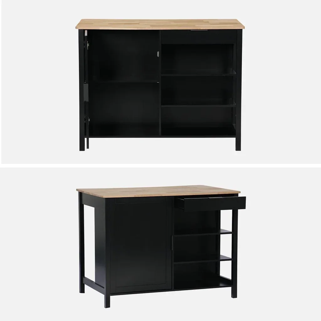 Îlot central cuisine bois hévéa L120cm rangements tabourets