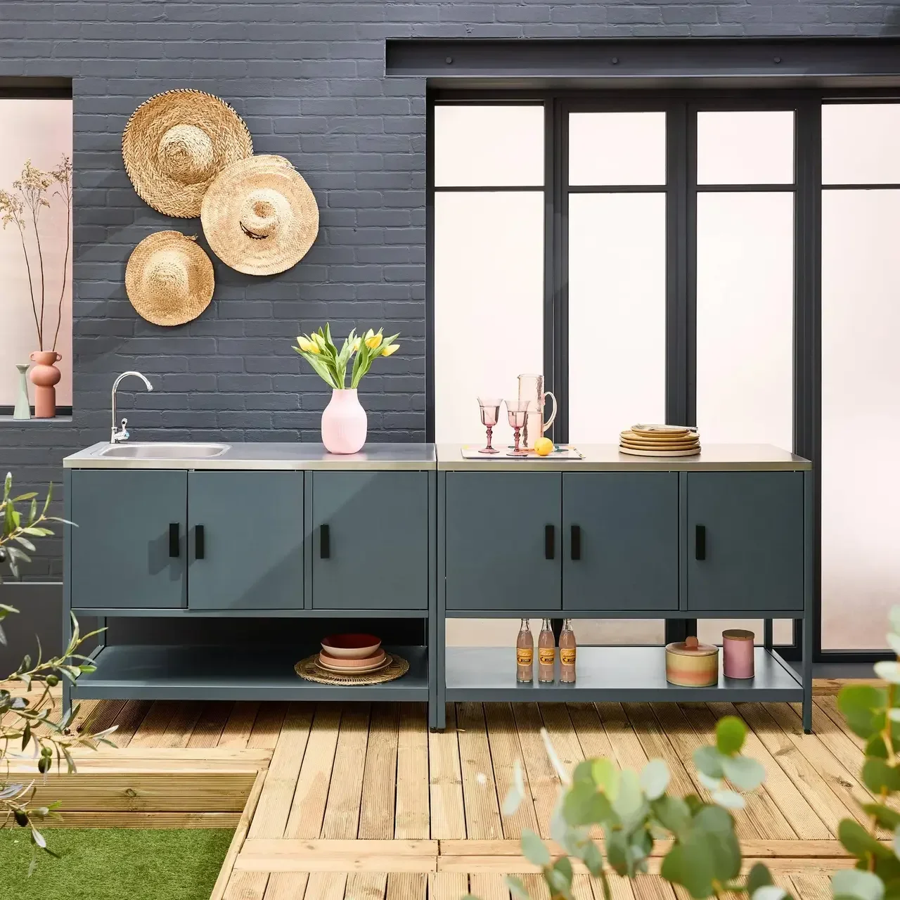 Îlot cuisine extérieure 2 modules inox avec évier et rangement