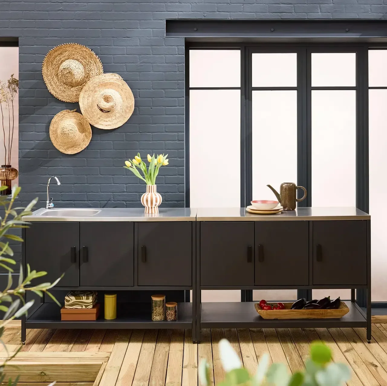 Îlot cuisine extérieure 2 modules inox avec évier et rangement