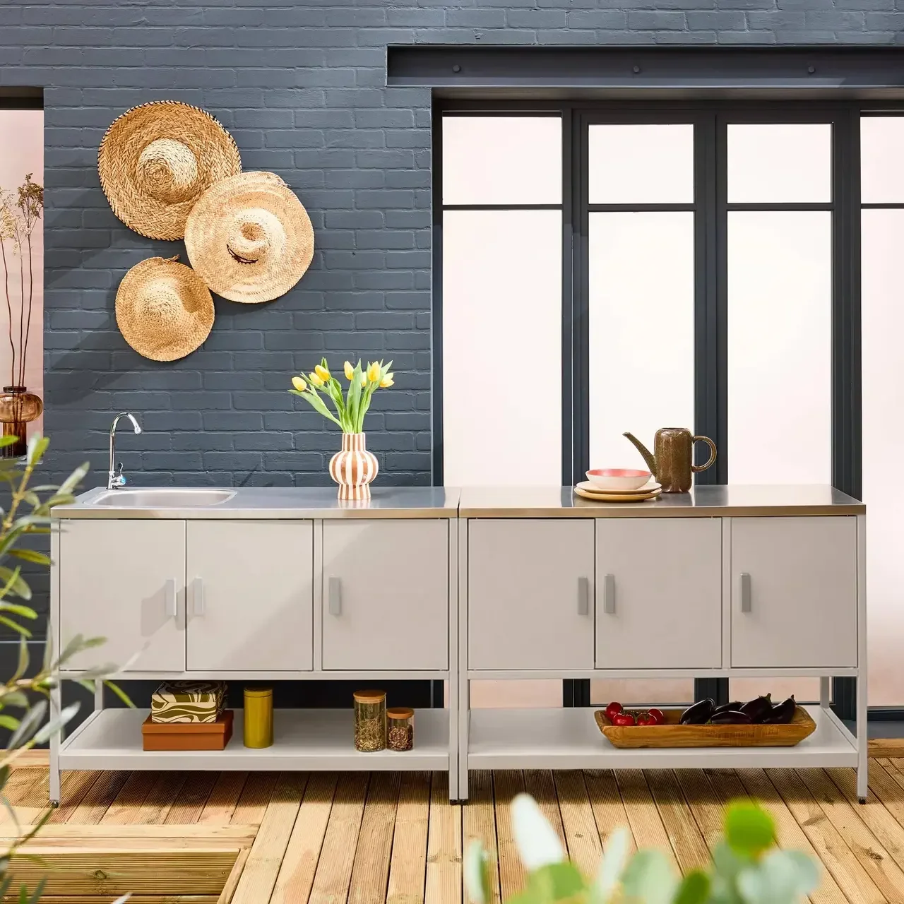 Îlot cuisine extérieure 2 modules inox avec évier et rangements