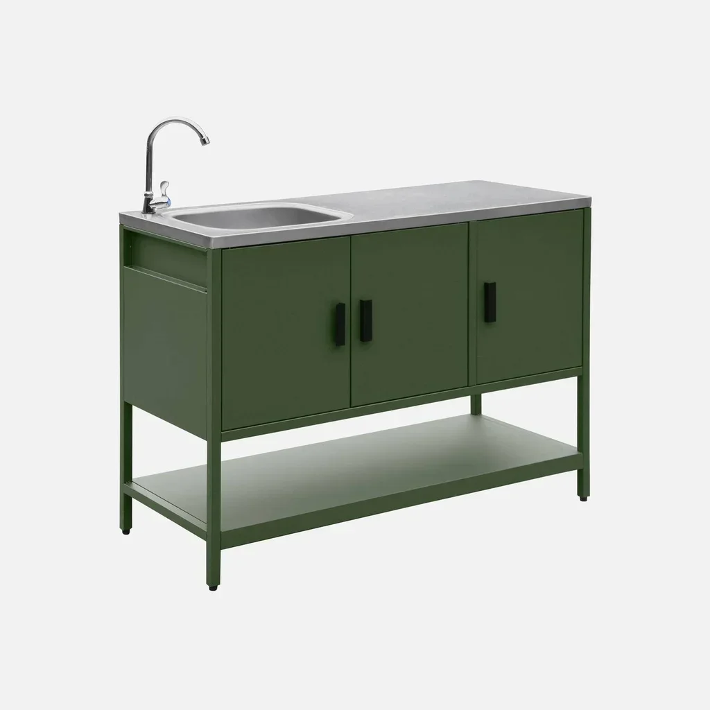 Îlot cuisine extérieure inox 2 modules avec évier et rangements