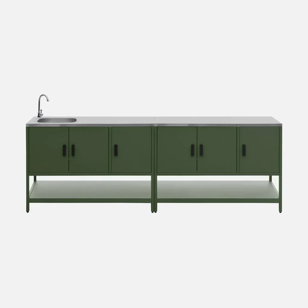 Îlot cuisine extérieure inox 2 modules avec évier et rangements