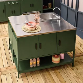Îlot cuisine extérieure inox 2 modules avec évier et rangements