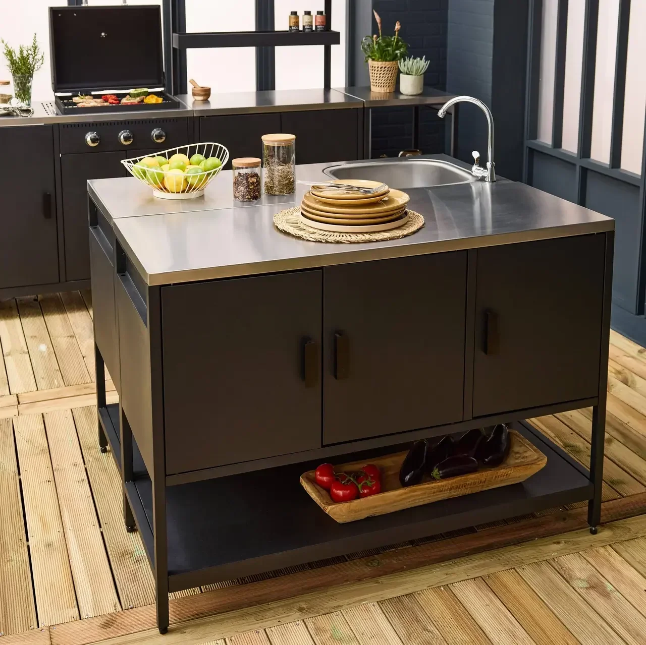 Îlot cuisine extérieure 2 modules inox avec évier et rangement