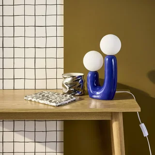 Lámpara de Mesa Cerámica Vidrio Artesanal 31 cm Deva Azul Beige Terracota