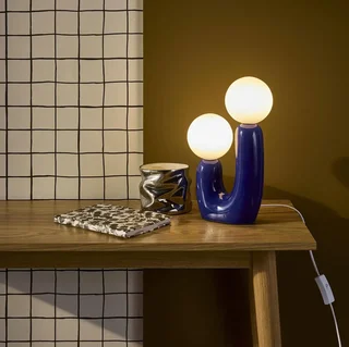 Lámpara de Mesa Cerámica Vidrio Artesanal 31 cm Deva Azul Beige Terracota