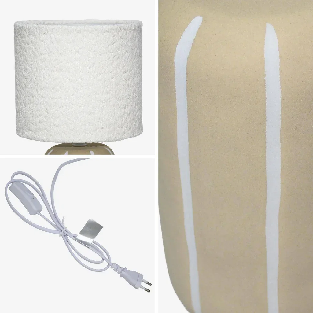 Lampe à poser céramique rayée abat-jour bouclette 41 cm style cosy