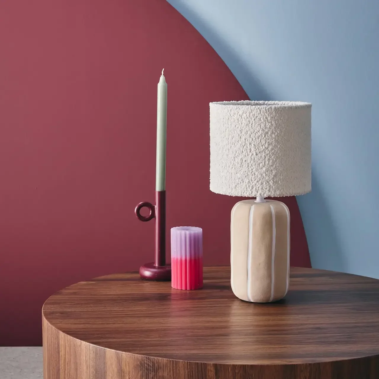 Lampe à poser céramique rayée abat-jour bouclette 41 cm style cosy