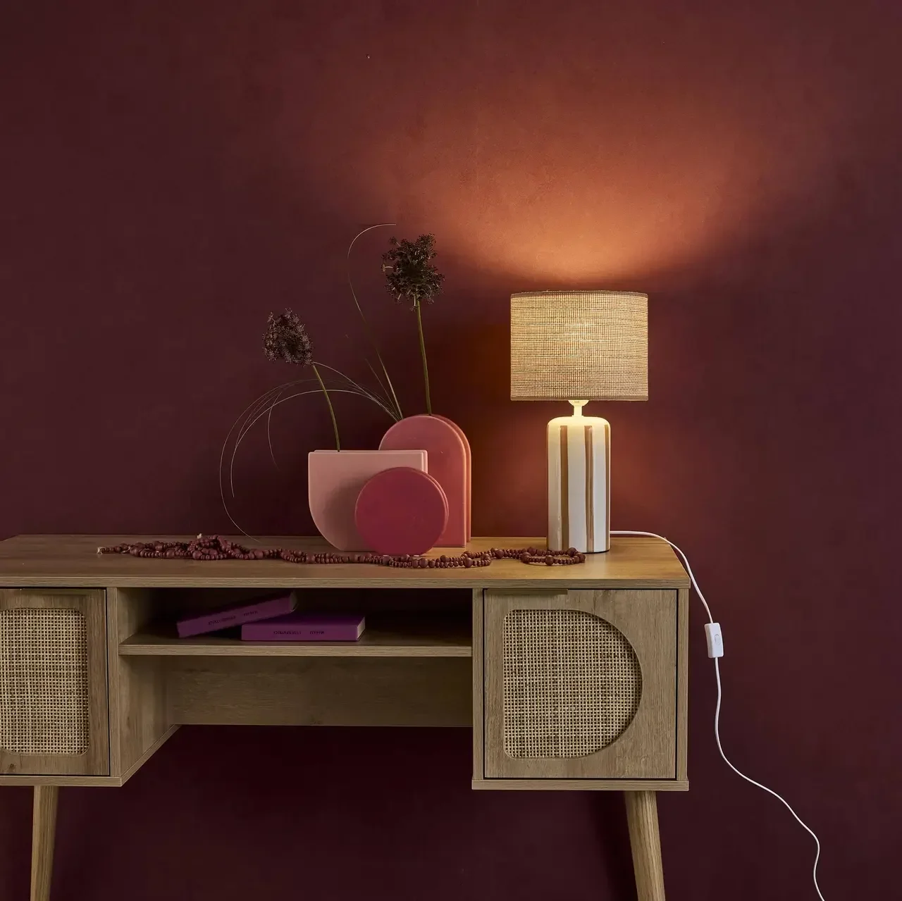 Aurore Ceramic Table Lamp with Rattan Shade 44cm Mustard Green Living Room Bedroom