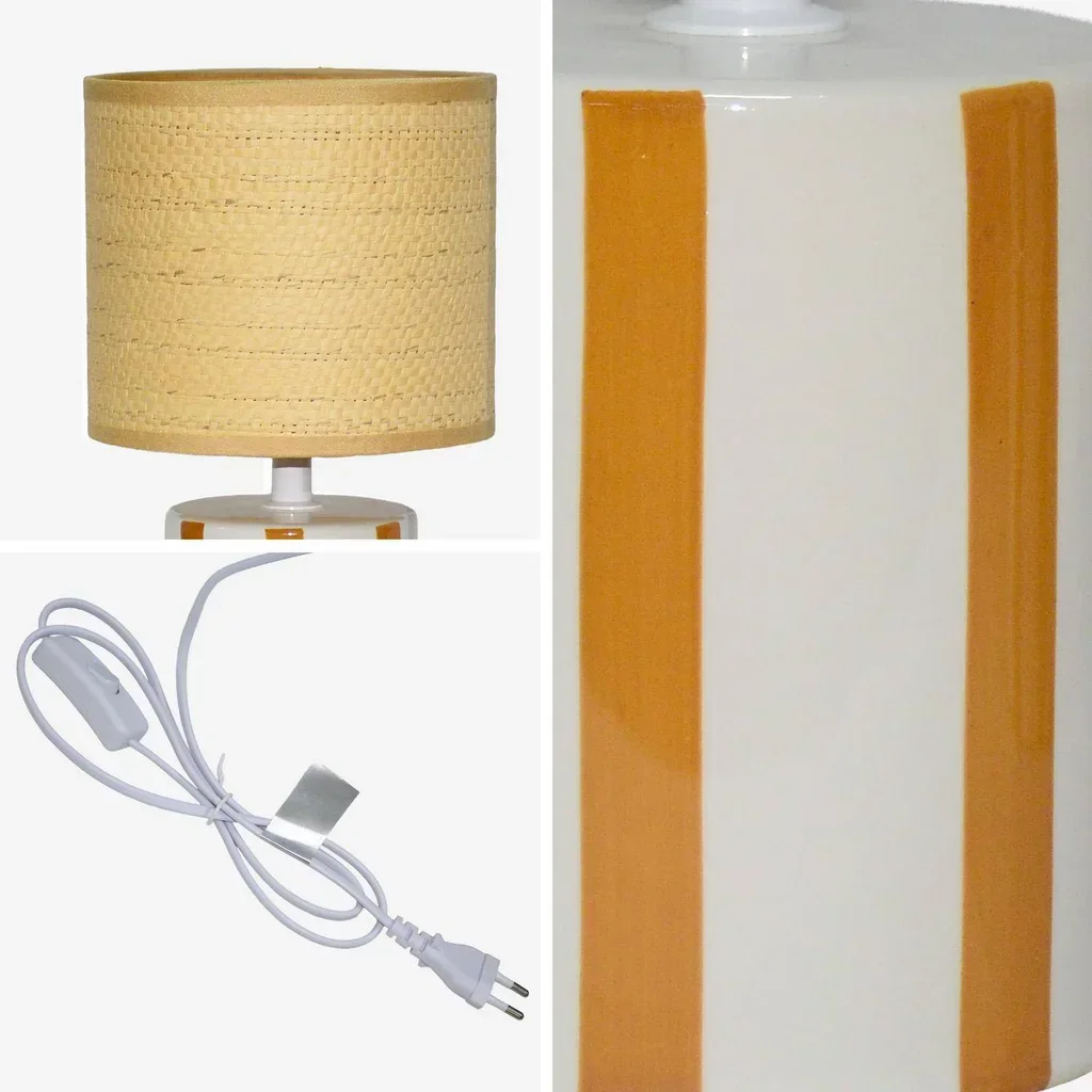 Lampe céramique Aurore abat-jour rotin tressé 28 cm vert moutarde salon chambre