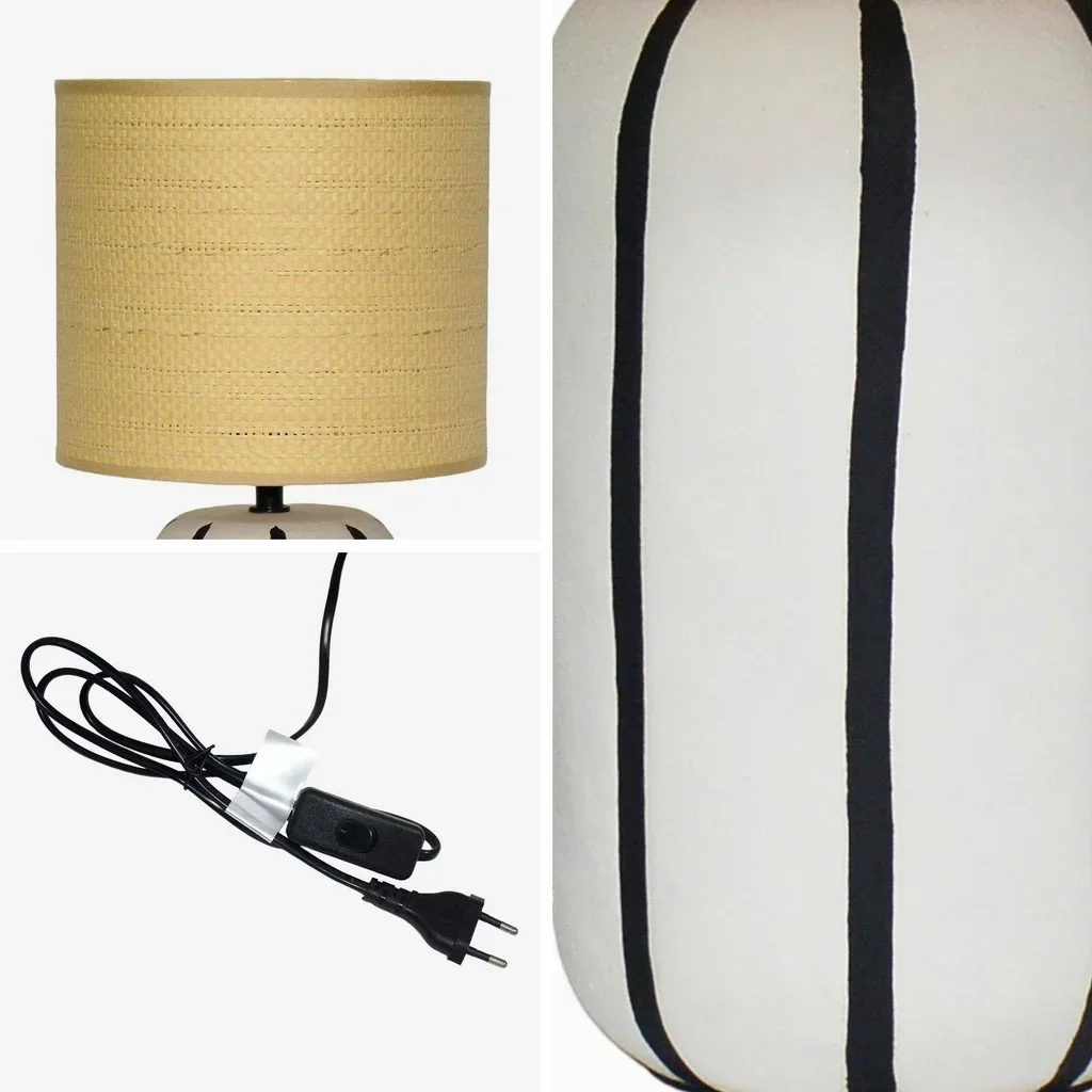 Lampe chevet céramique rayée abat-jour rotin 41 cm style cosy Roxane