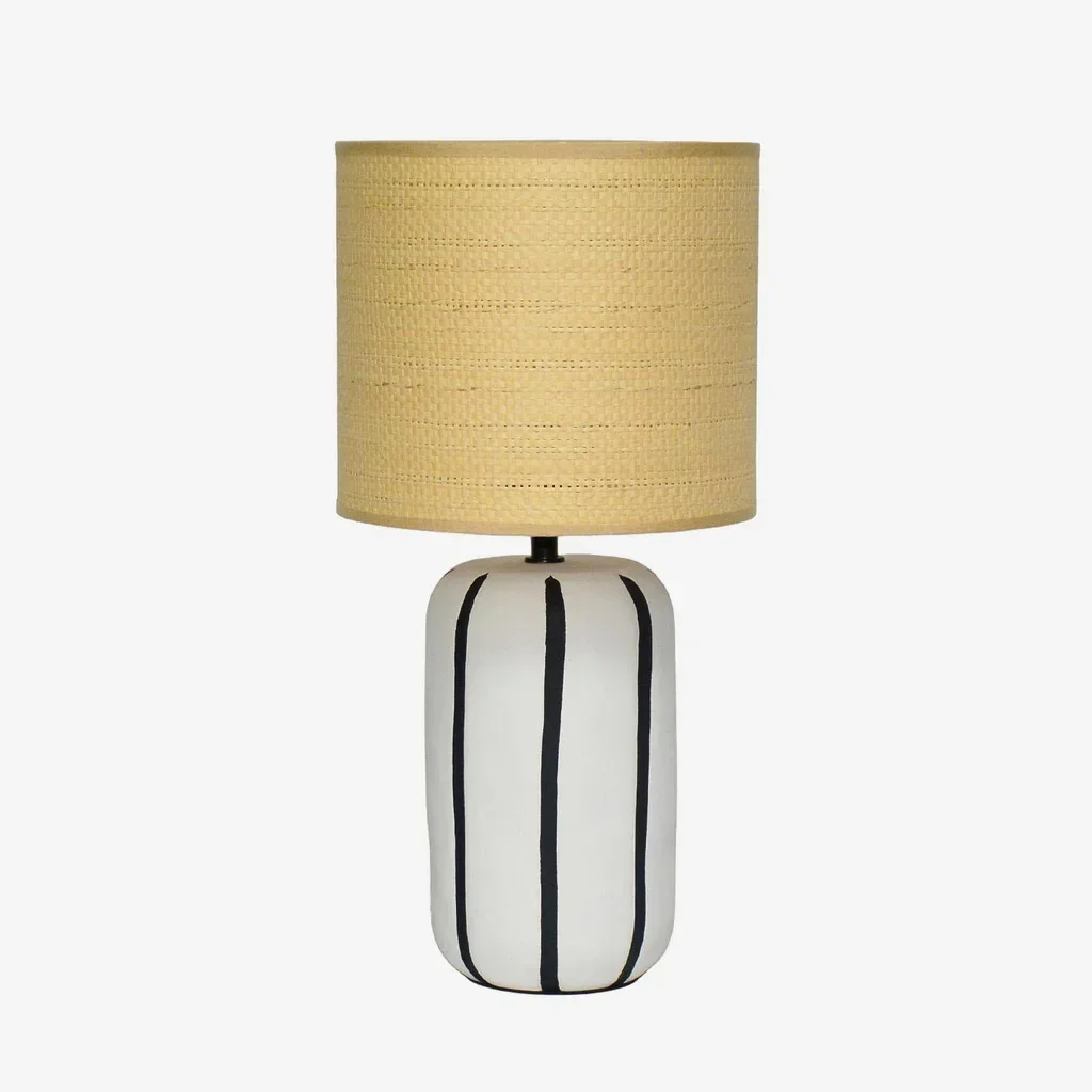 Lampe chevet céramique rayée abat-jour rotin 41 cm style cosy Roxane