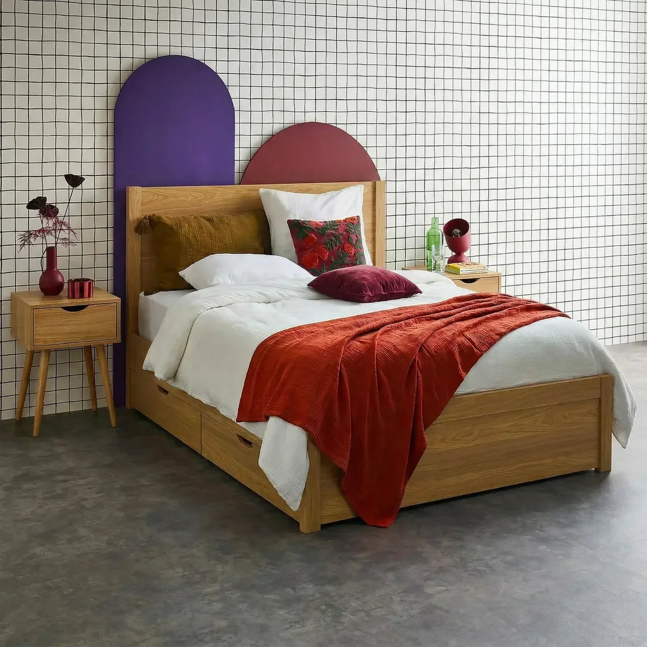 Letto 140x190 Nepal con cassetti e testiera effetto legno vintage