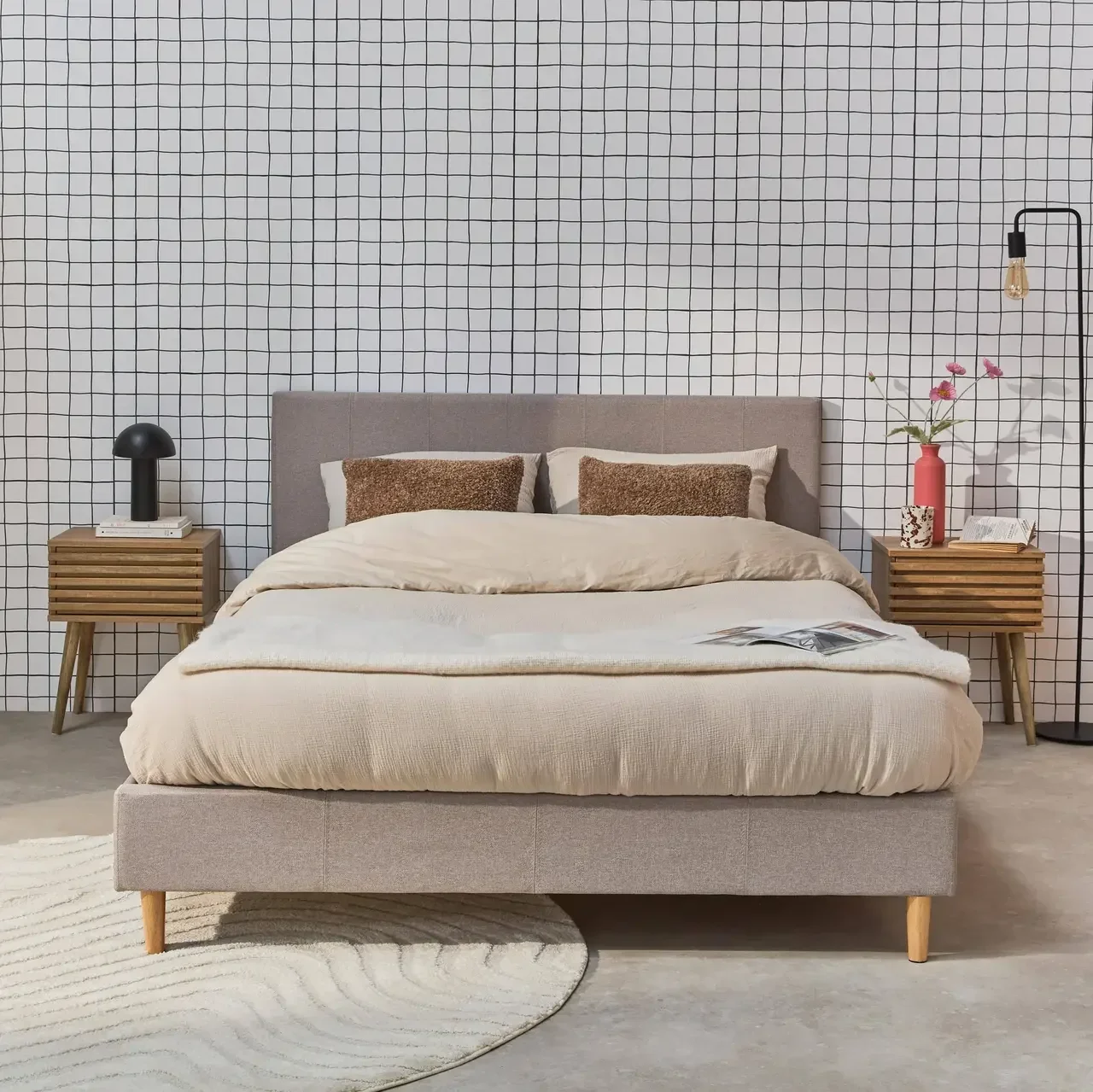 Lit 140x190 cm sommier lattes tête de lit capitonnée tissu Marlon