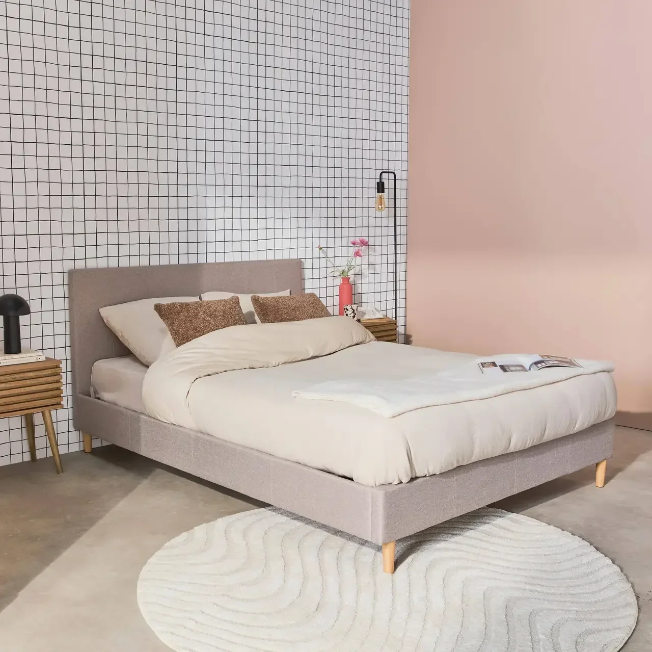 Lit 140x190 cm sommier lattes tête de lit capitonnée tissu Marlon