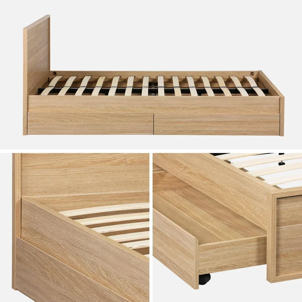 Cama 140x190 con cajones de madera Kuba y cabecero integrado