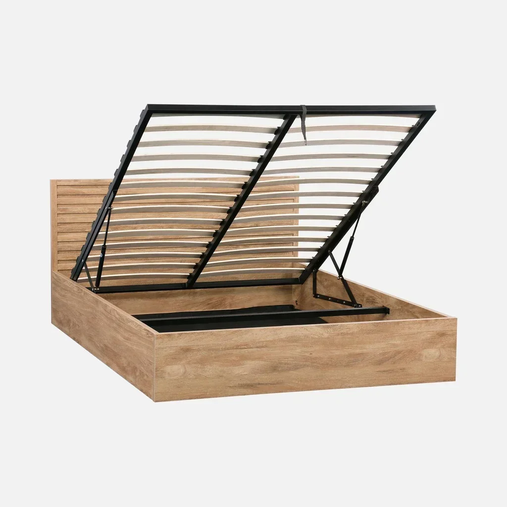 Lit 140x190 Madère avec coffre rangement et tête de lit bois scandinave