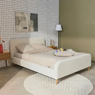 Lit 140x190 cm bouclette crème avec sommier et tête de lit capitonnée Finn