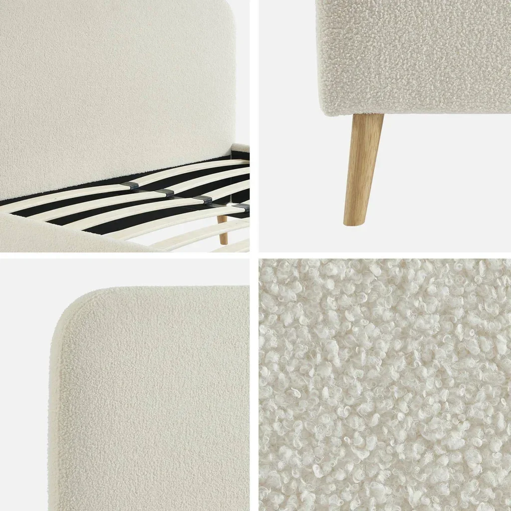 Lit 140x190 cm bouclette crème avec sommier et tête de lit capitonnée Finn