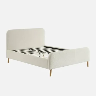 Lit 140x190 cm bouclette crème avec sommier et tête de lit capitonnée Finn