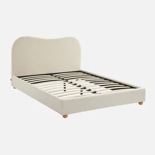 Lit 140x190 blanc bouclette avec sommier à lattes et tête de lit capitonnée